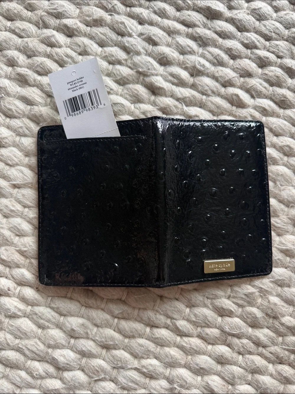 kate spade Black Textured Passport Holder with Gold Logo Plate